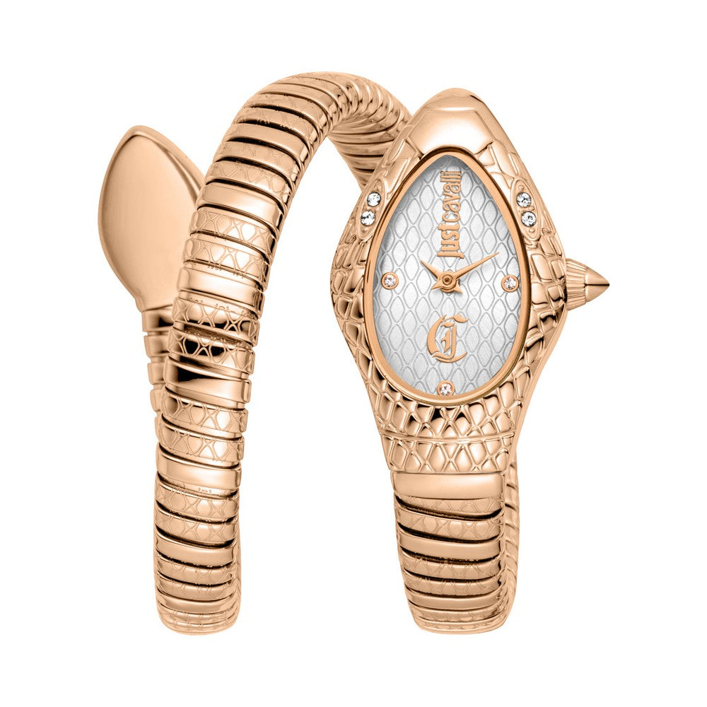 Just Cavalli Women's Rose Gold Snake Watch with Silver Textured Dial and crystal accents — Find Online Today.
