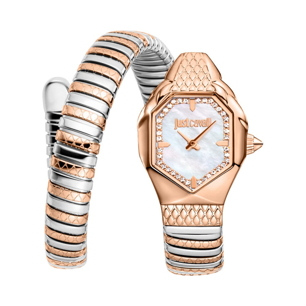 Just Cavalli Women's Rose Gold and Silver Snake Watch with Mother-of-Pearl Dial and crystal detailing — Order Online Today.