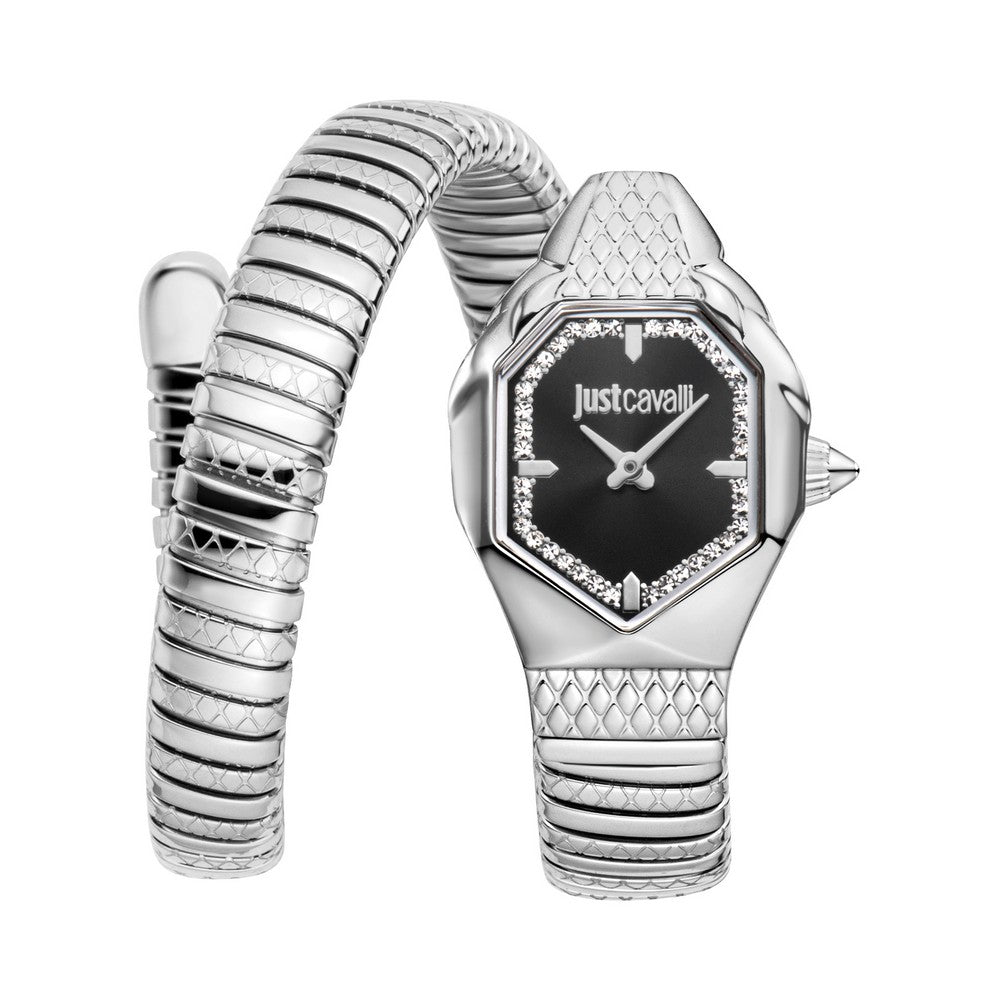 Just Cavalli Women's Silver Snake Watch with Black Dial and crystal bezel — Now Online.