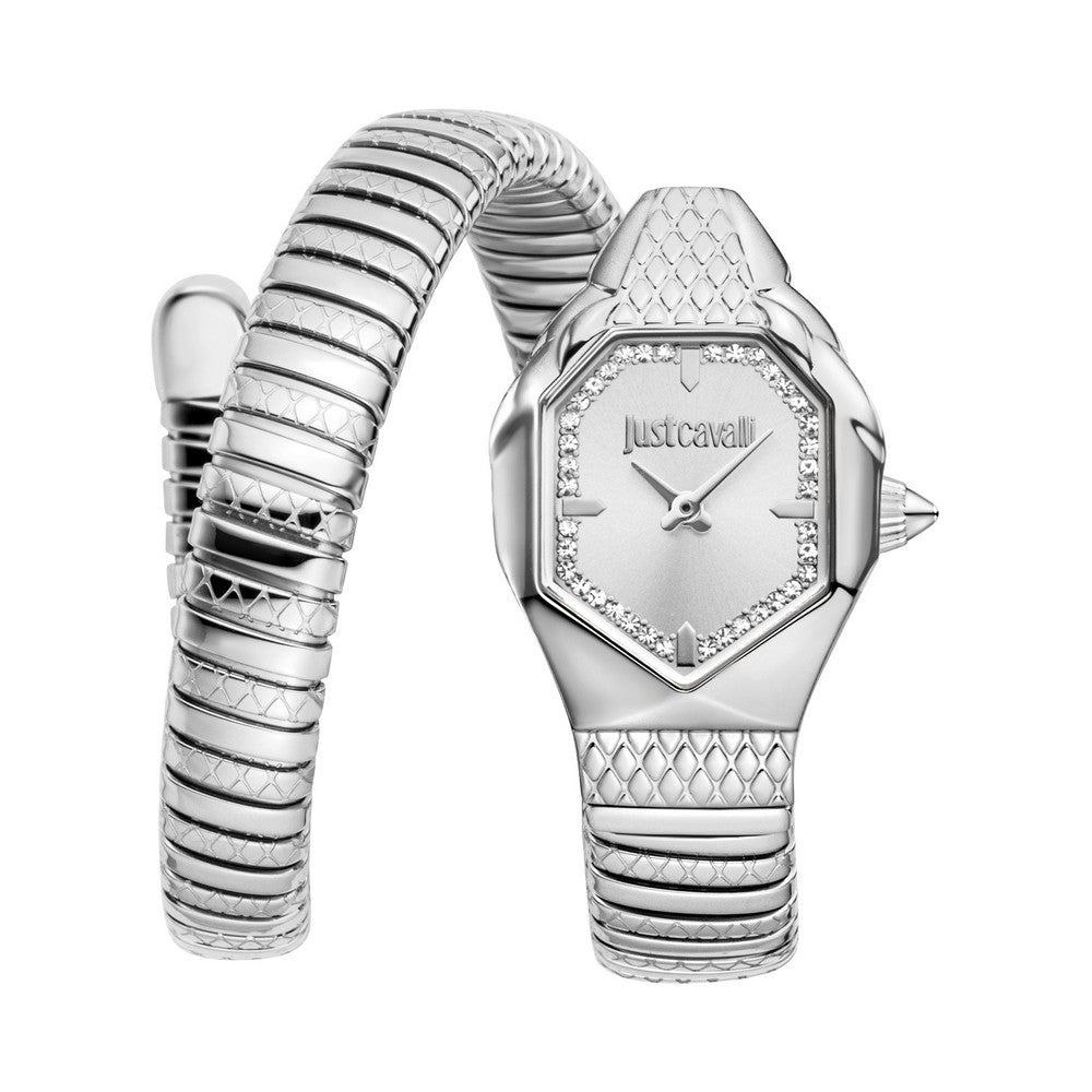 Just Cavalli Women's Silver Snake Watch with Silver Dial and crystal accents — Shop the Latest Online.