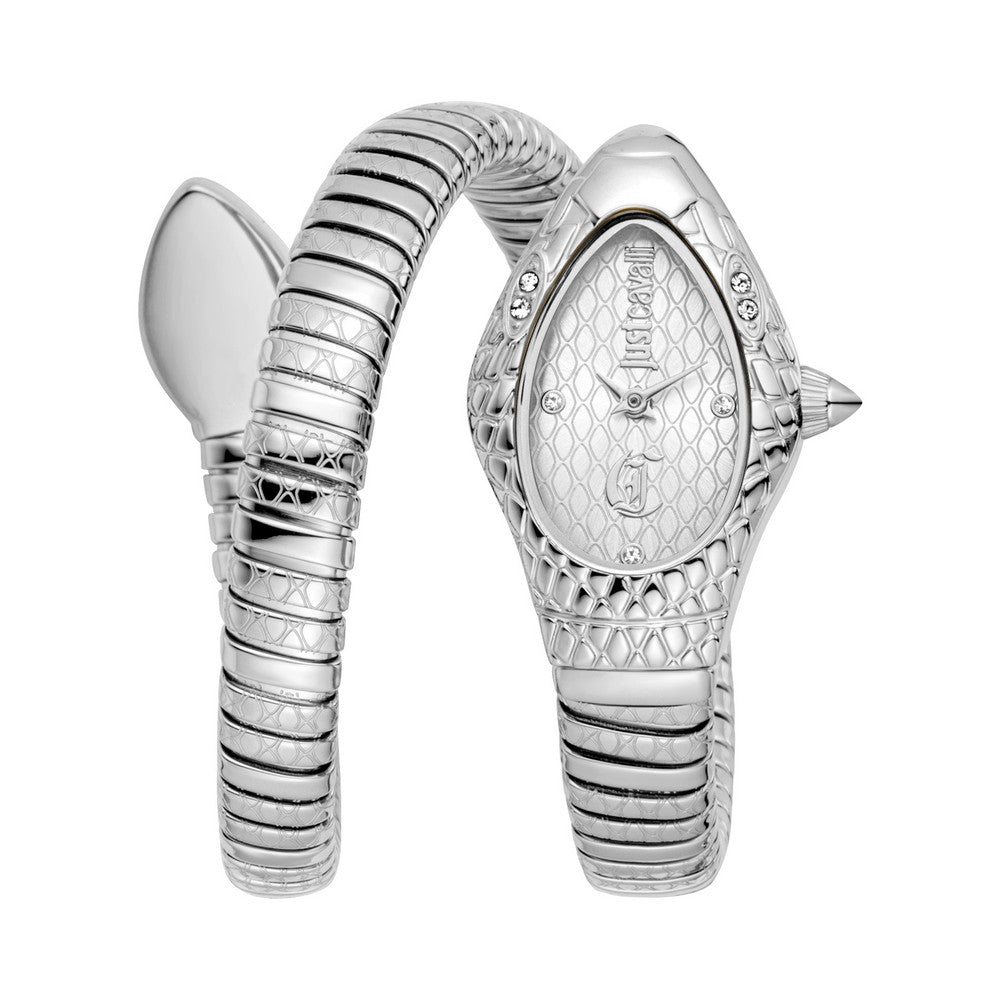 Just Cavalli Women's Silver Snake Watch with Silver Textured Dial and crystal details — Available for Online Purchase.