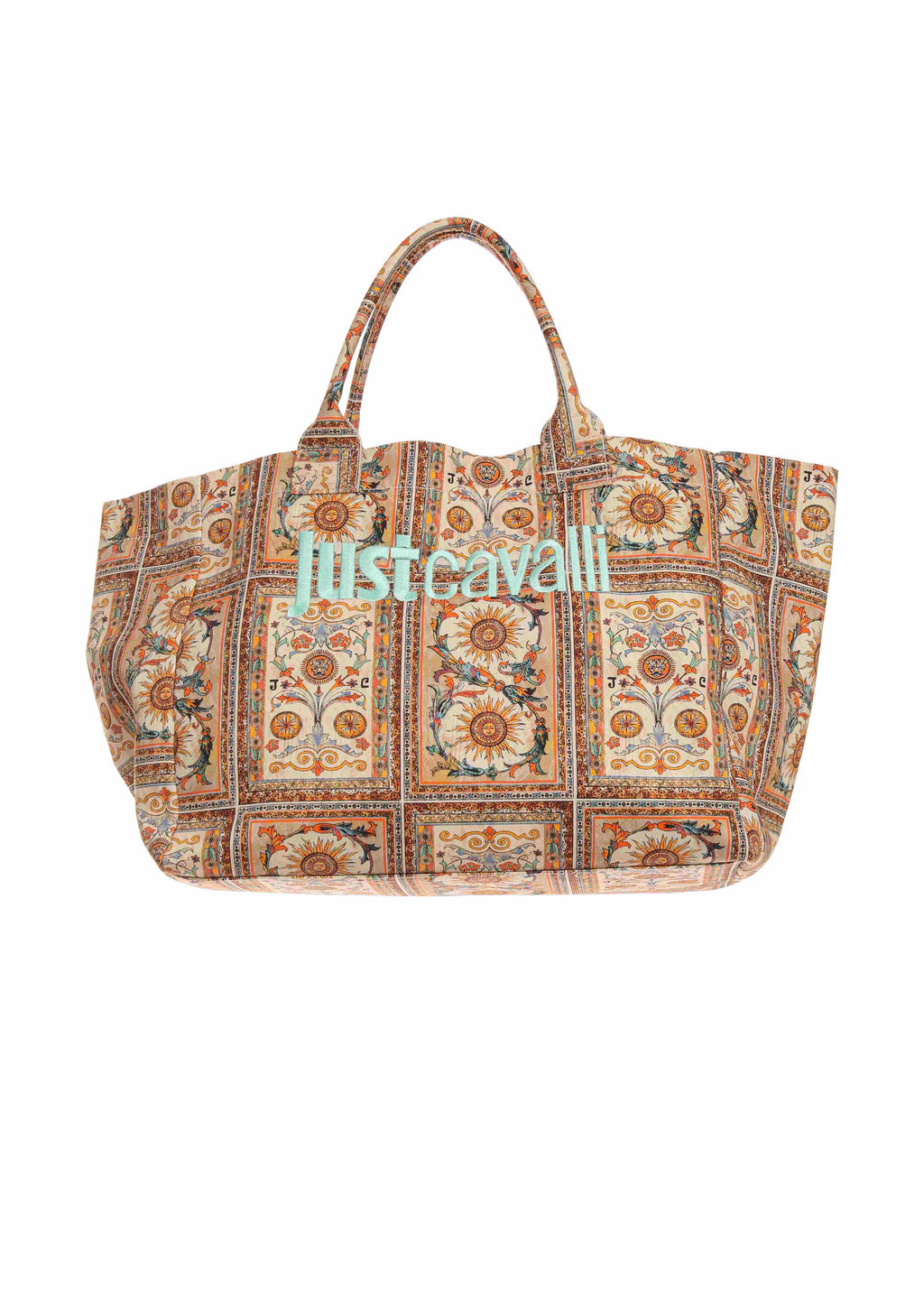 Front view of Just Cavalli women's multicolor baroque tile print canvas beach tote bag with dual top handles