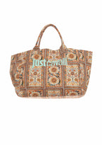 Front view of Just Cavalli women's multicolor baroque tile print canvas beach tote bag with dual top handles