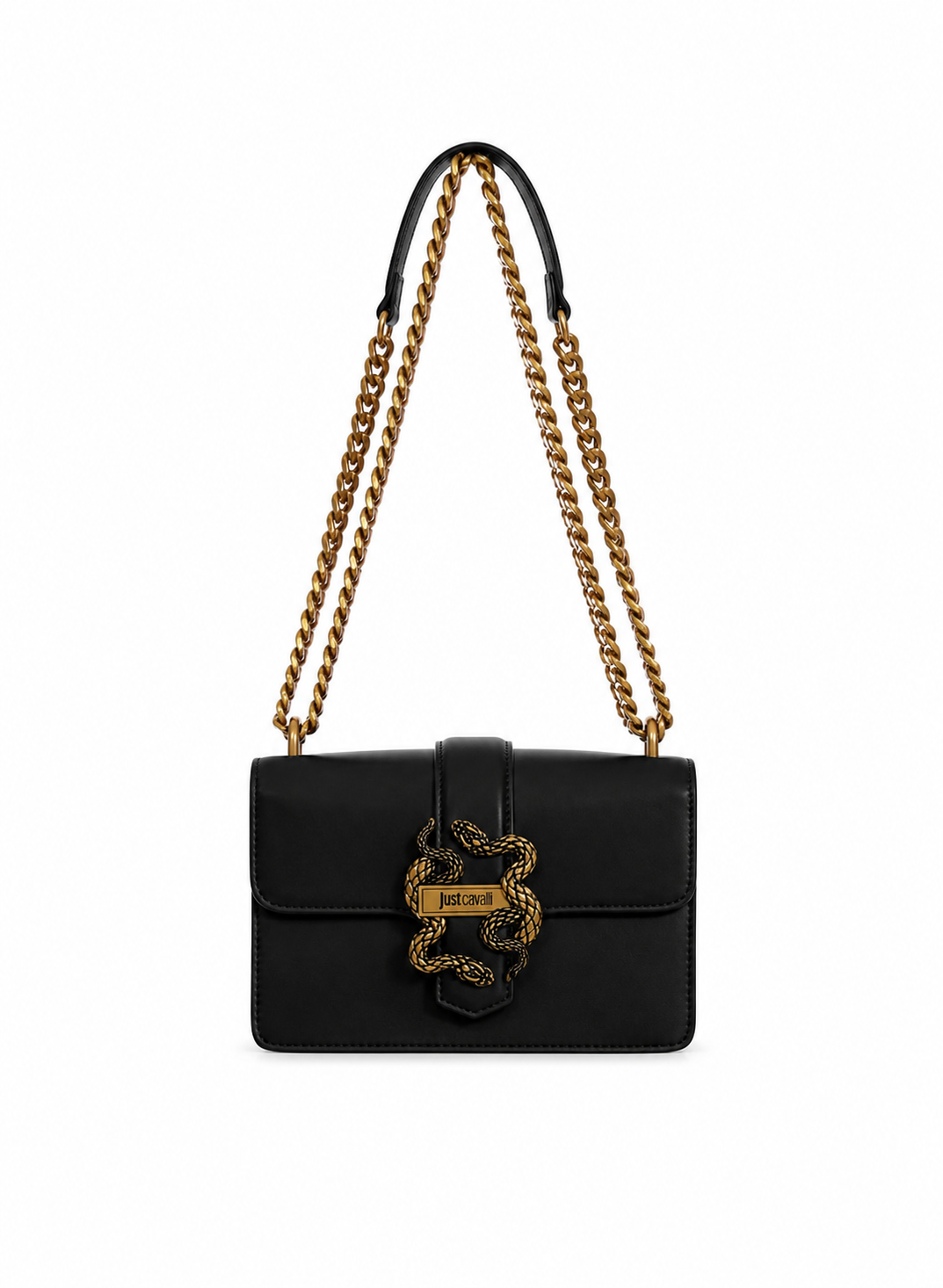 Front view of Just Cavalli women's black leather chain shoulder bag featuring signature gold-tone snake buckle and chain strap