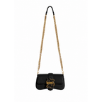 Front view of Just Cavalli women's black leather mini chain shoulder bag with signature gold-tone snake buckle and long chain strap