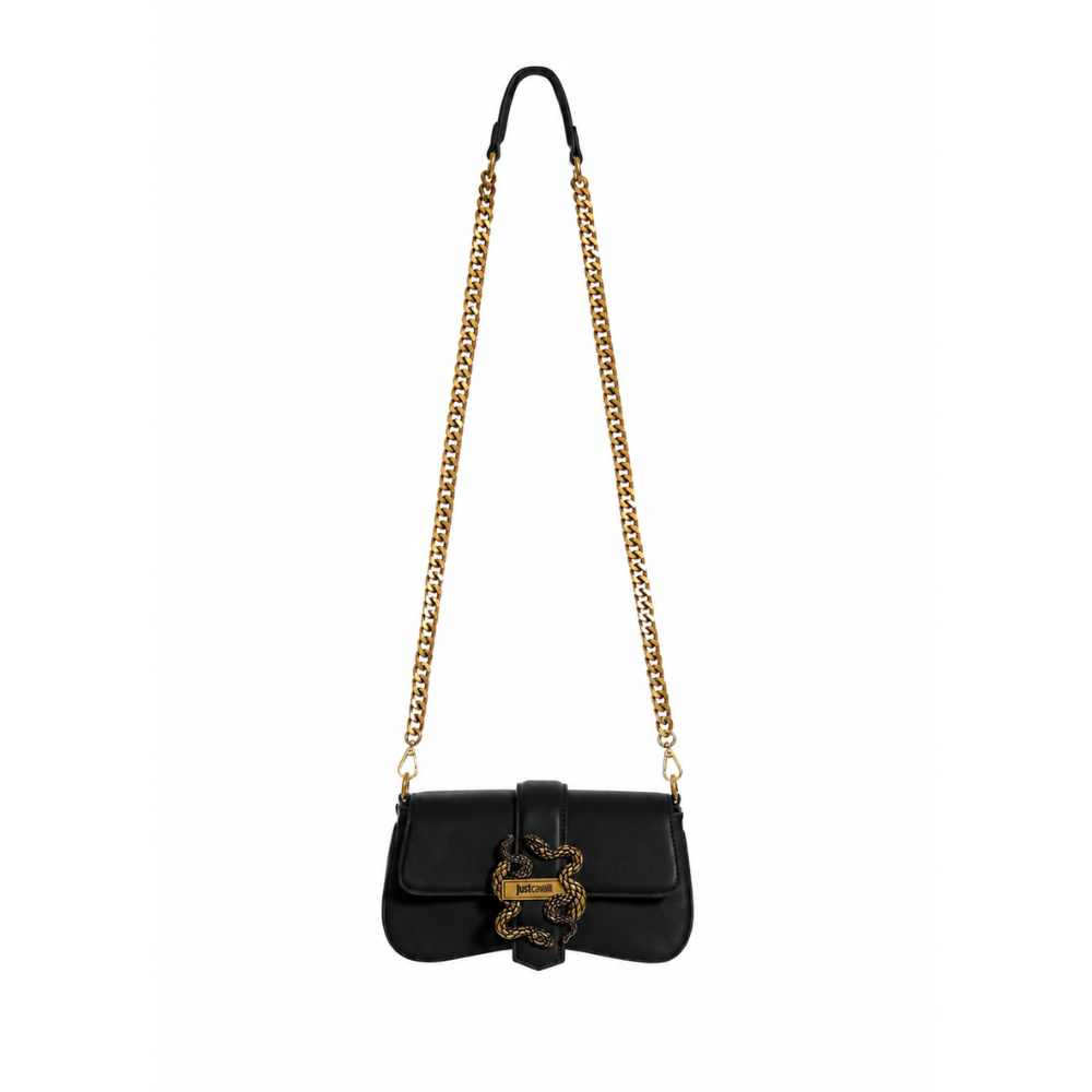 Front view of Just Cavalli women's black leather mini chain shoulder bag with signature gold-tone snake buckle and long chain strap