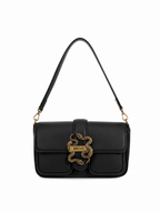 Front view of Just Cavalli women's black leather shoulder bag featuring signature gold-tone snake buckle and adjustable shoulder strap