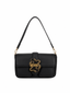 Front view of Just Cavalli women's black leather shoulder bag featuring signature gold-tone snake buckle and adjustable shoulder strap