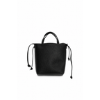 Front view of Just Cavalli women's black mini pebbled leather bucket bag with dual top handles and adjustable side drawstrings
