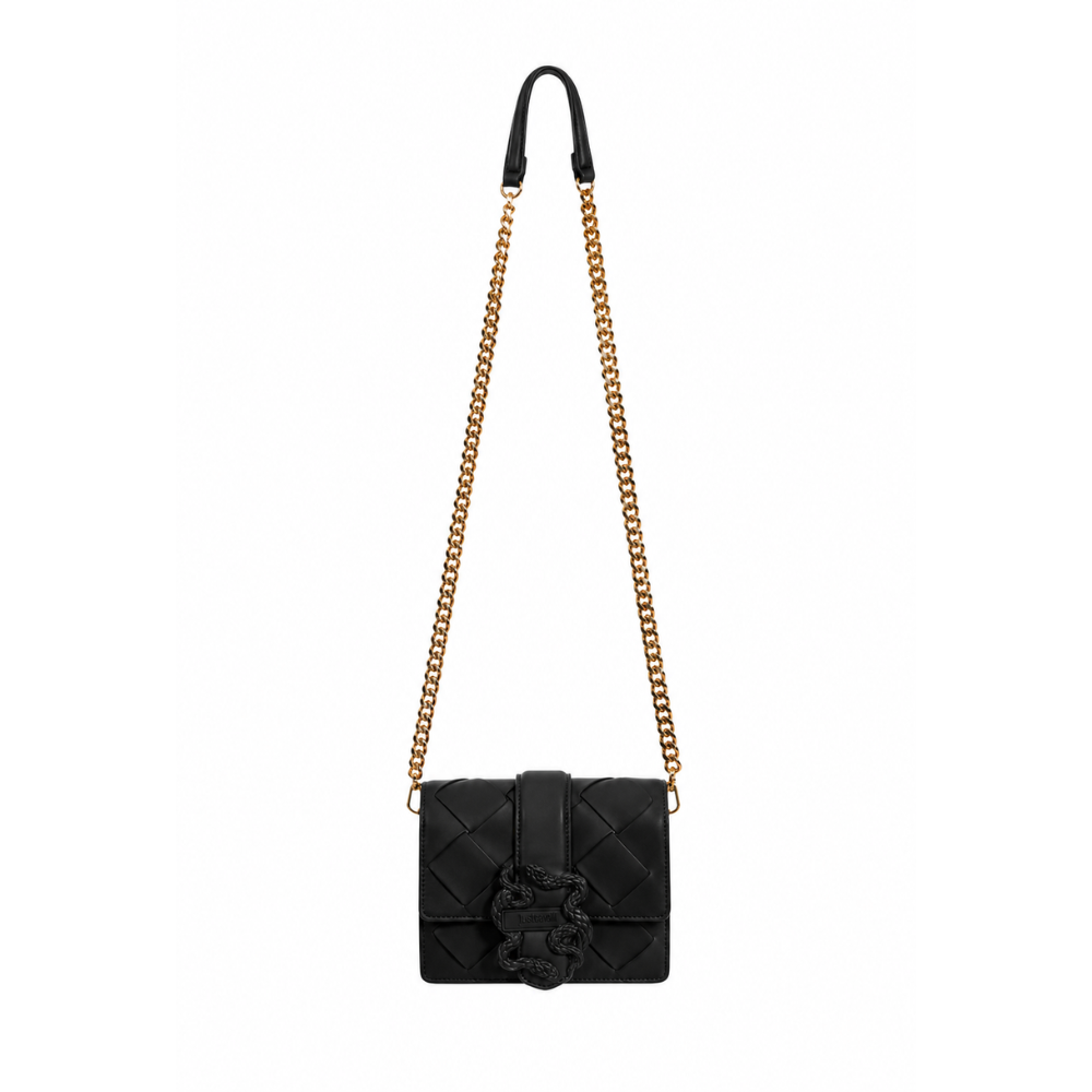 Front view of Just Cavalli women's black mini woven leather crossbody bag with gold-tone chain strap and signature twin snake hardware