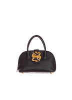 Front view of Just Cavalli women's black pebbled leather mini top handle bag with signature gold-tone snake buckle