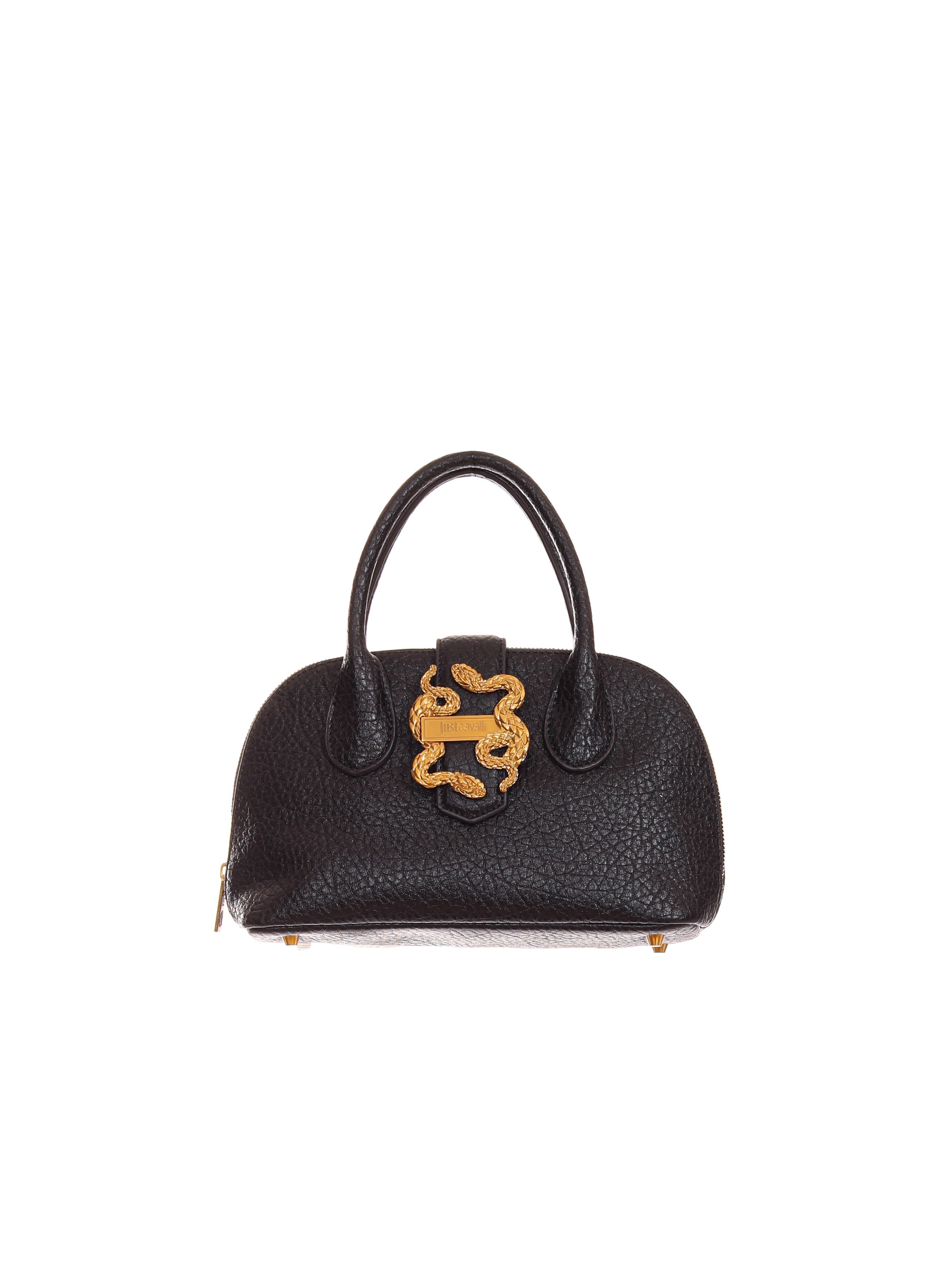 Front view of Just Cavalli women's black pebbled leather mini top handle bag with signature gold-tone snake buckle