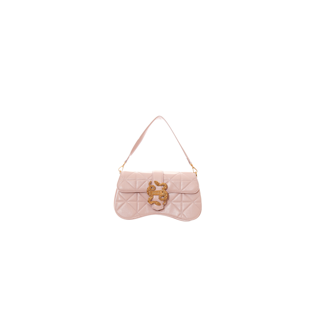 Just Cavalli women's black quilted shoulder bag featuring signature gold-tone snake clasp and elegant shoulder strap – Available at Blue Salon Qatar