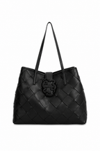Front view of Just Cavalli women's black woven leather tote bag with dual shoulder handles