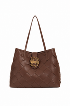 Front view of Just Cavalli women's black woven leather tote bag with dual shoulder handles