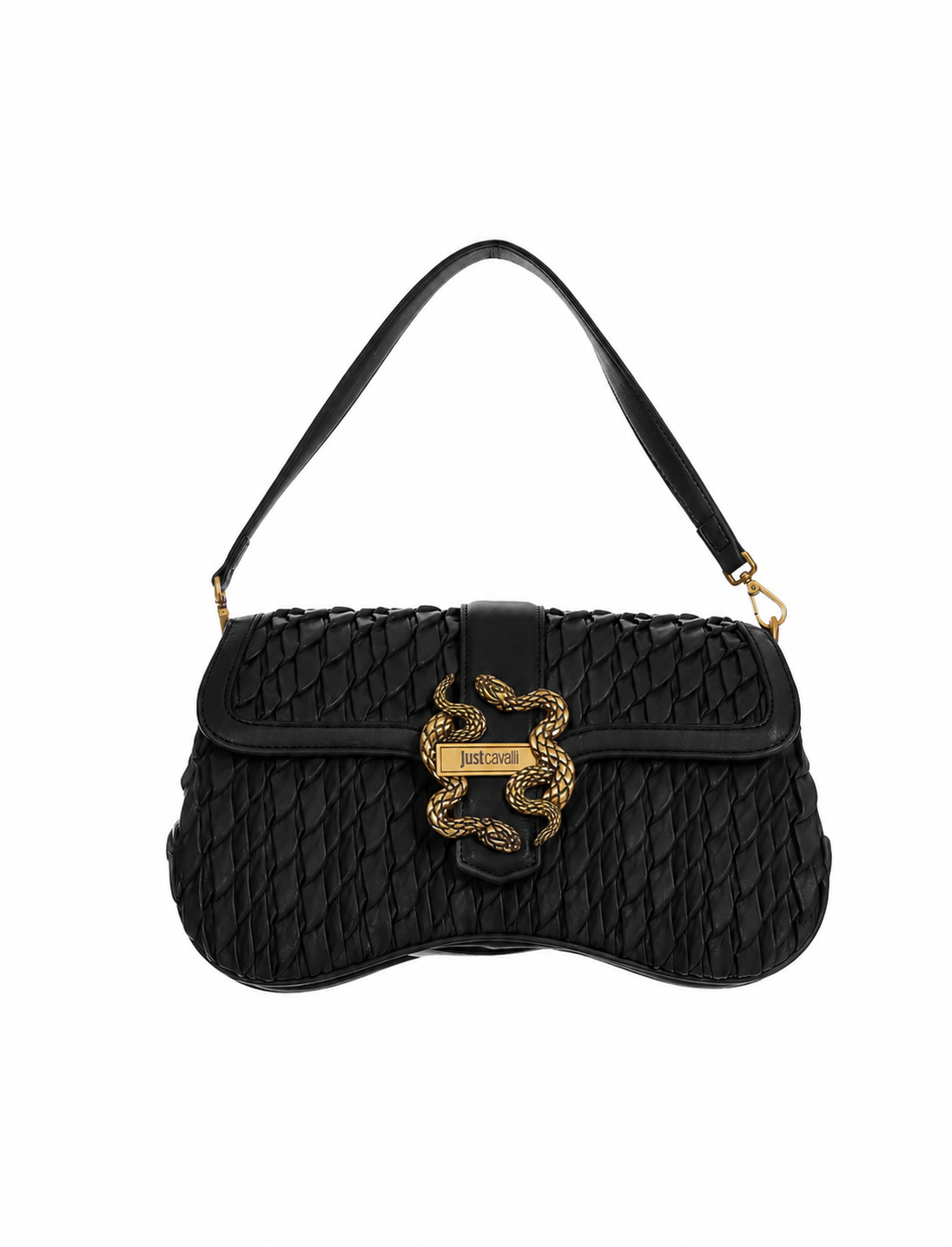 Just Cavalli women's black woven shoulder bag featuring signature gold-tone snake clasp and shoulder strap – Available at Blue Salon Qatar