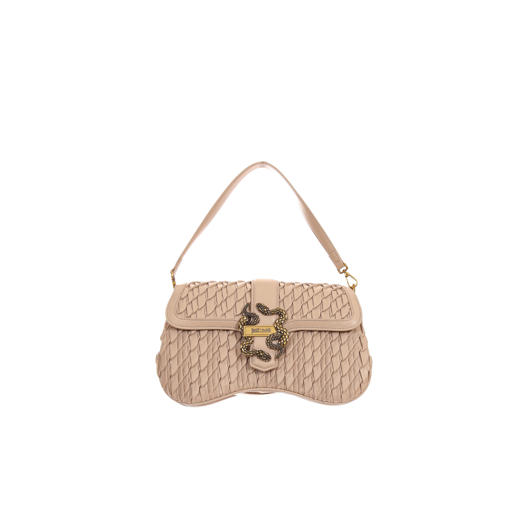 Just Cavalli women's black woven shoulder bag featuring signature gold-tone snake clasp and shoulder strap – Available at Blue Salon Qatar