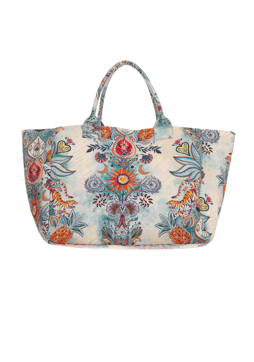 Front view of Just Cavalli women's multicolor botanical and tiger print canvas beach tote bag with dual top handles
