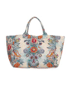 Front view of Just Cavalli women's multicolor botanical and tiger print canvas beach tote bag with dual top handles