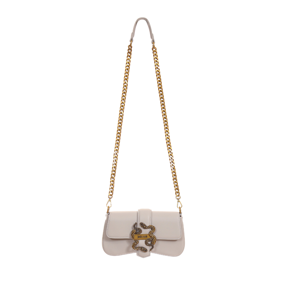 Front view of Just Cavalli women's black leather mini chain shoulder bag with signature gold-tone snake buckle and long chain strap