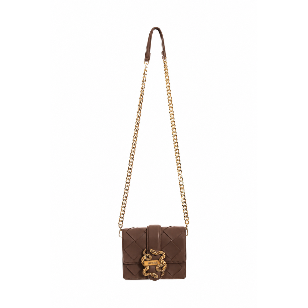 Front view of Just Cavalli women's black mini woven leather crossbody bag with gold-tone chain strap and signature twin snake hardware
