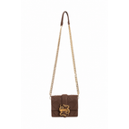 Front view of Just Cavalli women's black mini woven leather crossbody bag with gold-tone chain strap and signature twin snake hardware