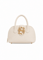 Front view of Just Cavalli women's black pebbled leather mini top handle bag with signature gold-tone snake buckle
