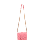 Front view of Just Cavalli women's black mini woven leather crossbody bag with gold-tone chain strap and signature twin snake hardware