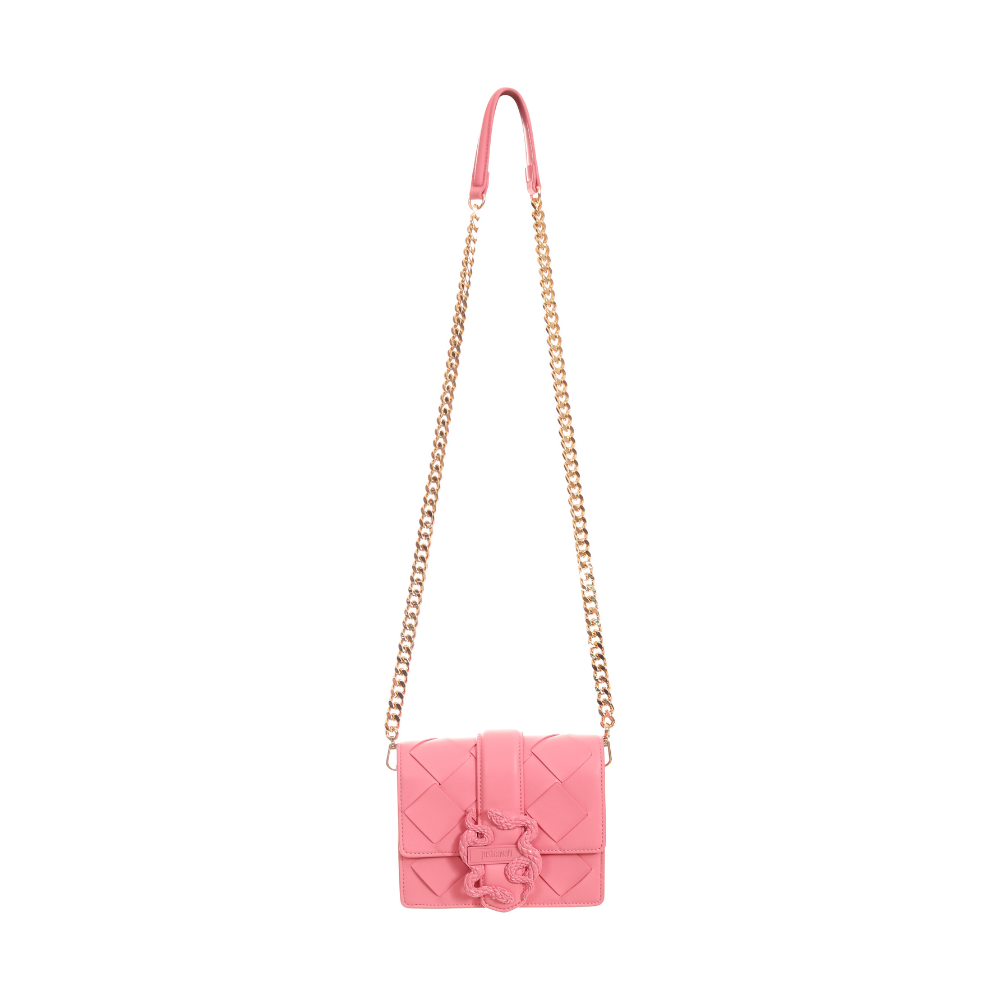 Front view of Just Cavalli women's black mini woven leather crossbody bag with gold-tone chain strap and signature twin snake hardware