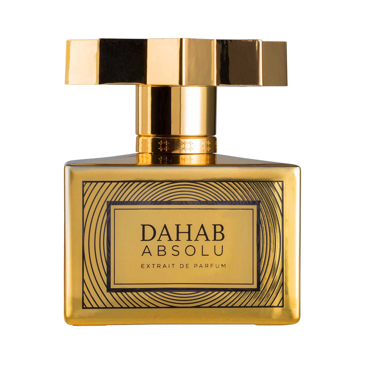Gold-toned rectangular perfume bottle with a central label, concentric circle pattern, and a geometric faceted cap.