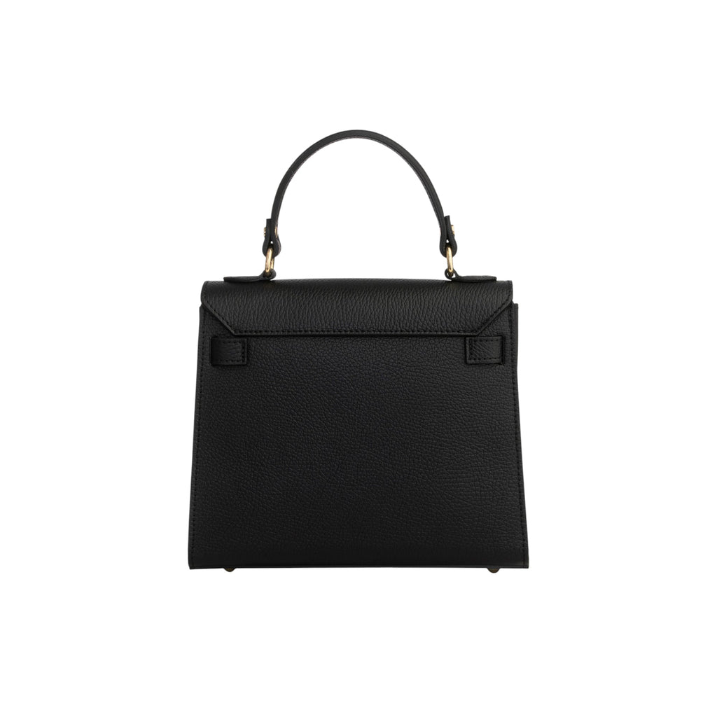 Black pebbled faux leather handbag with a structured shape. Features a top handle with gold-toned hardware and a flap closure