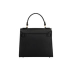 Black pebbled faux leather handbag with a structured shape. Features a top handle with gold-toned hardware and a flap closure