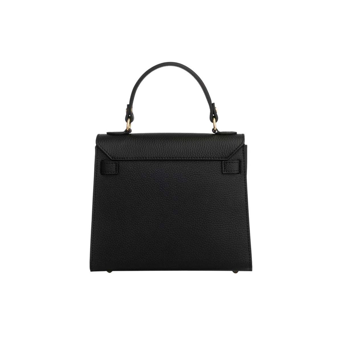 Black pebbled faux leather handbag with a structured shape. Features a top handle with gold-toned hardware and a flap closure