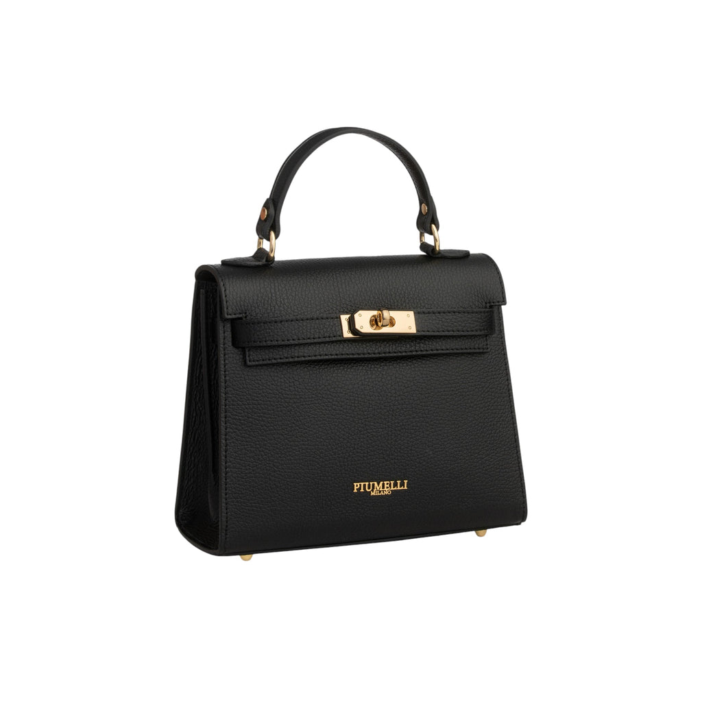Black pebbled leather structured top-handle bag with a front flap, gold-toned turn-lock closure, and gold-toned feet.