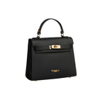 Black pebbled leather structured top-handle bag with a front flap, gold-toned turn-lock closure, and gold-toned feet.