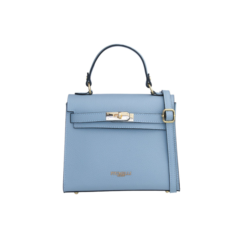 Light blue pebbled leather top-handle bag with a flap, gold-toned turn-lock closure, and a detachable shoulder strap. It has