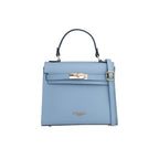 Light blue pebbled leather top-handle bag with a flap, gold-toned turn-lock closure, and a detachable shoulder strap. It has