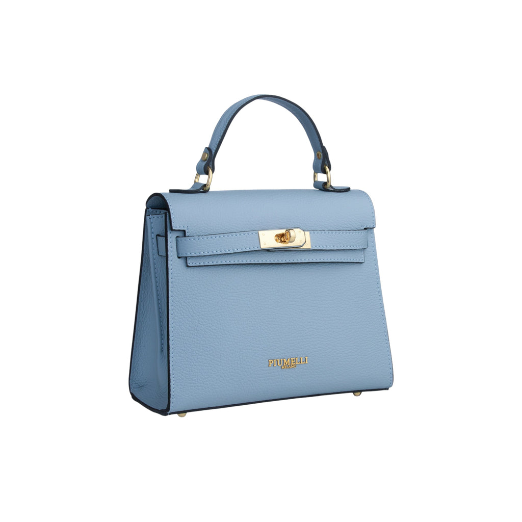 Light blue pebbled leather structured top-handle bag with a front flap, gold-toned turn-lock clasp, and gold-toned feet.