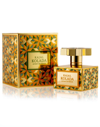 Front view of the Kajal Kolada Extrait De Parfum bottle with its gold nameplate and signature multifaceted gold cap.