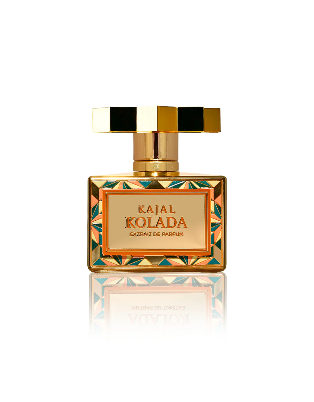 Front view of the Kajal Kolada Extrait De Parfum bottle with its gold nameplate and signature multifaceted gold cap.