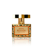 Front view of the Kajal Kolada Extrait De Parfum bottle with its gold nameplate and signature multifaceted gold cap.