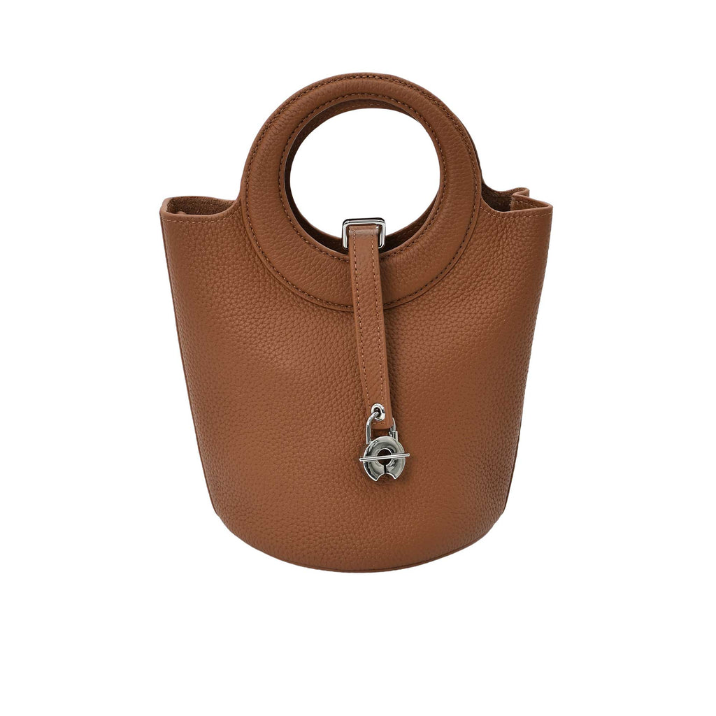 Karisma women’s leather bucket bag with circular handle and front strap closure