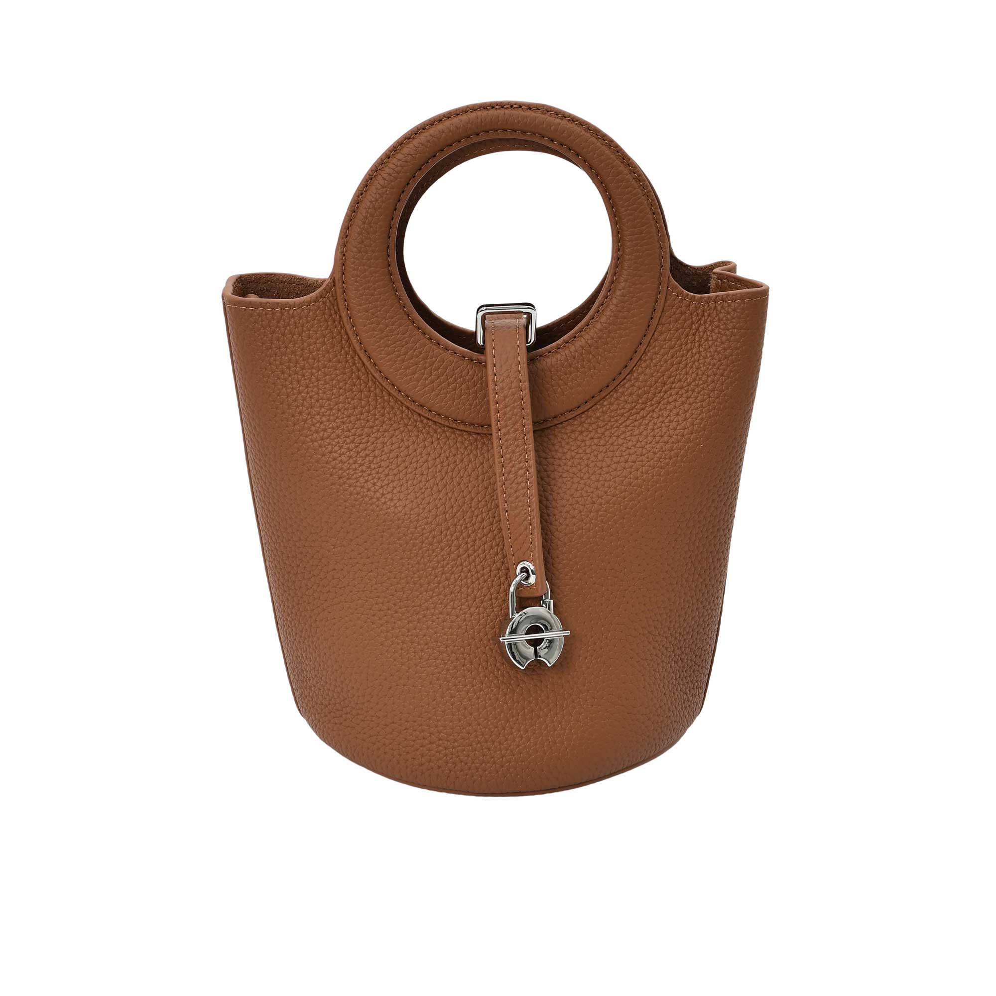 Karisma women’s leather bucket bag with circular handle and front strap closure
