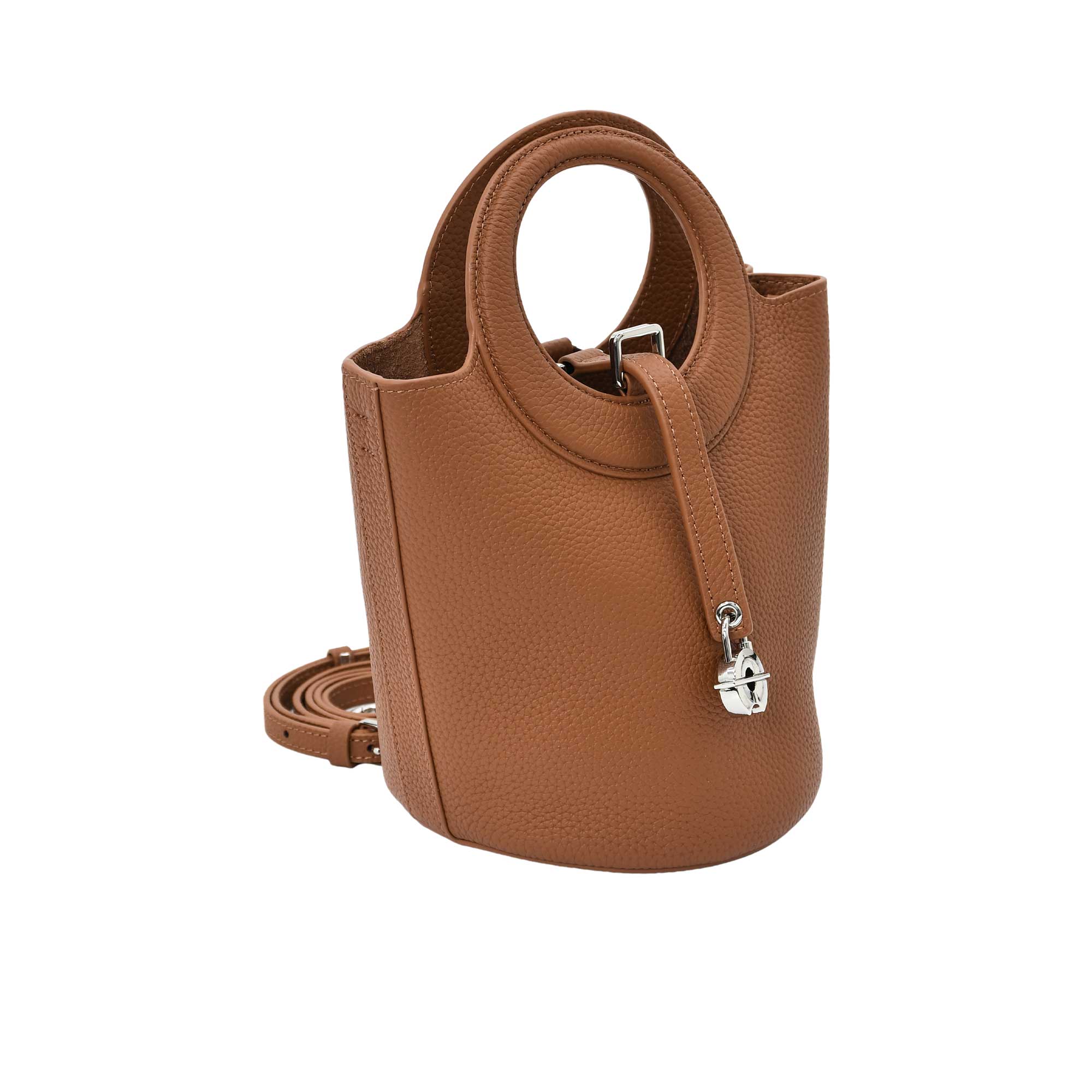 Karisma women’s leather bucket bag with circular handle and front strap closure