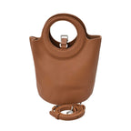 Karisma women’s leather bucket bag with circular handle and front strap closure