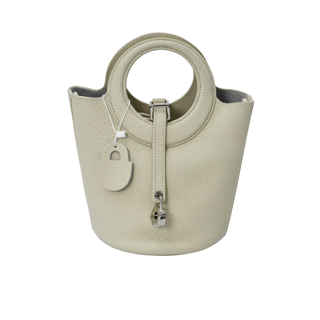 Karisma women’s leather bucket bag with circular handle and front strap closure