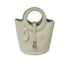 Karisma women’s leather bucket bag with circular handle and front strap closure