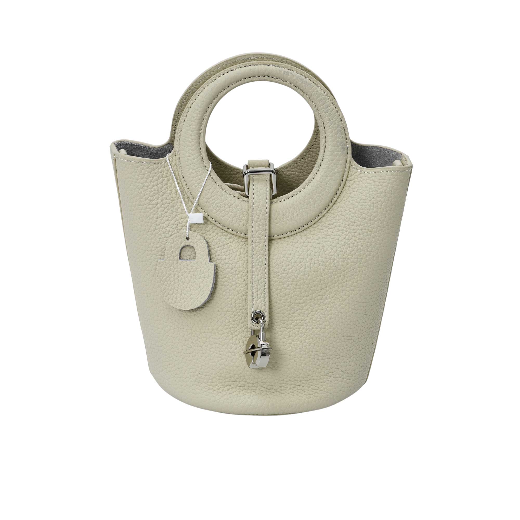 Karisma women’s leather bucket bag with circular handle and front strap closure