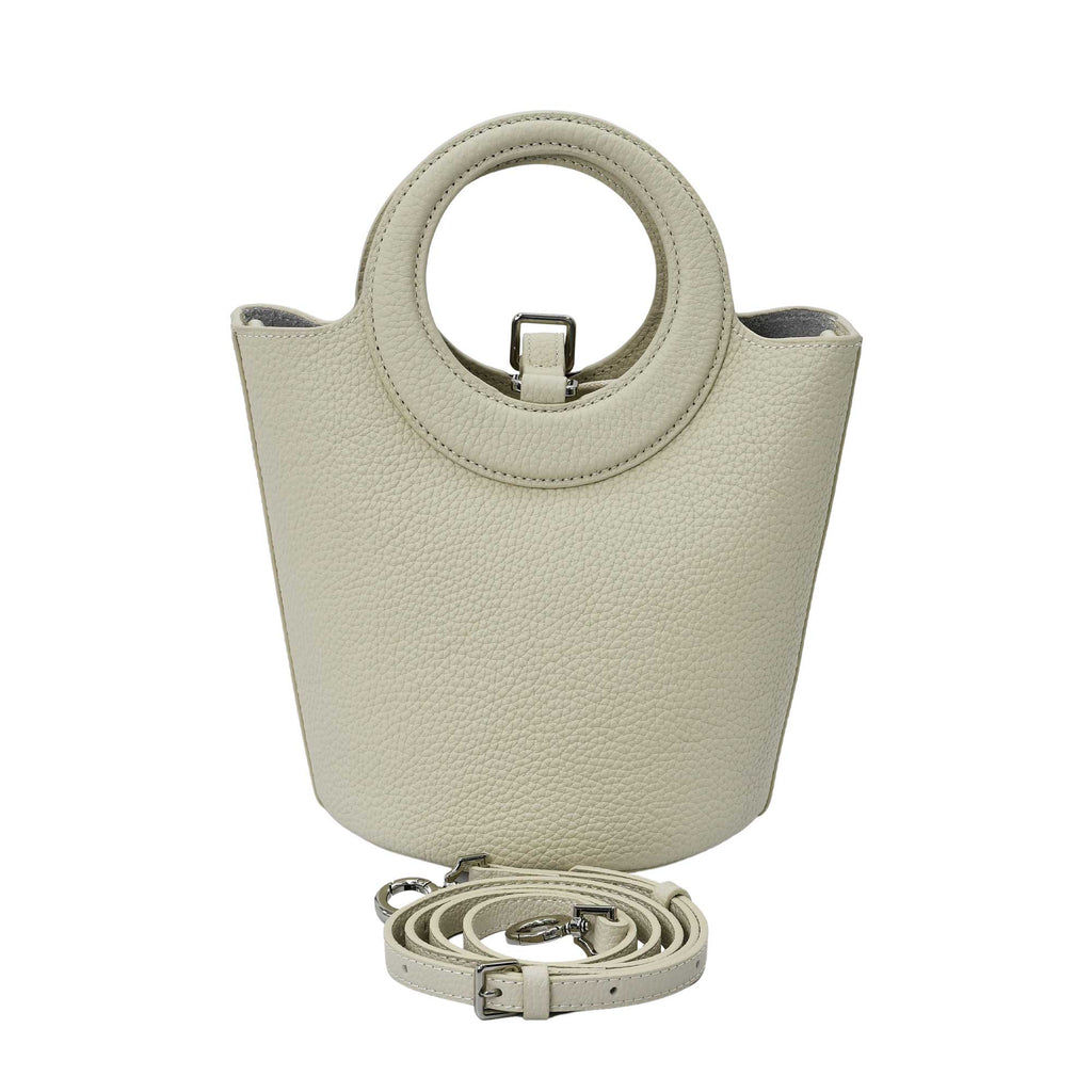 Karisma women’s leather bucket bag with circular handle and front strap closure