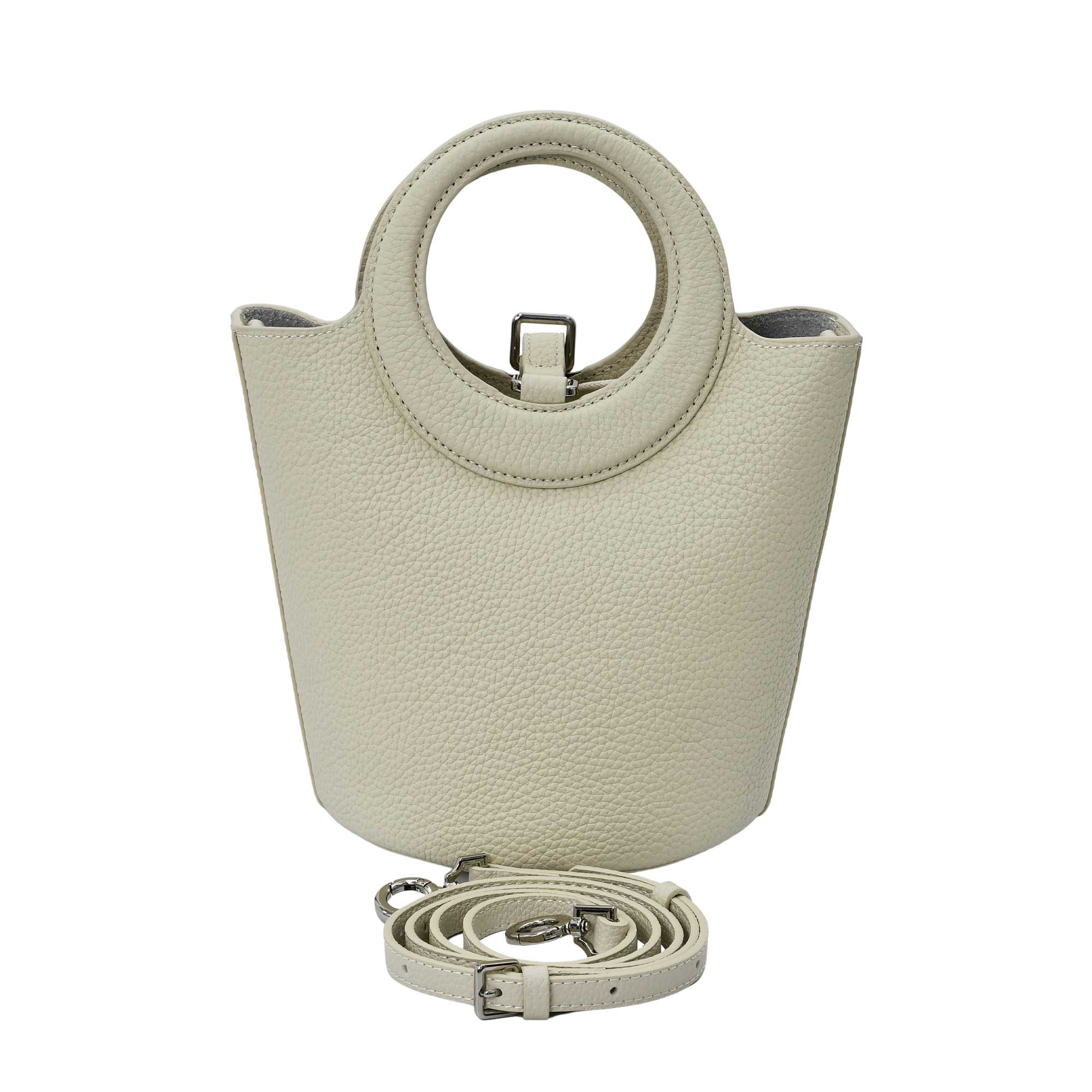 Karisma women’s leather bucket bag with circular handle and front strap closure